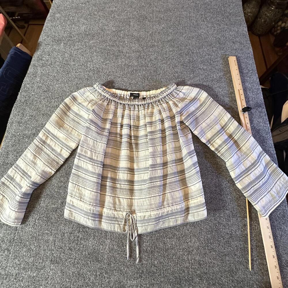 Theory Odettah-Vall Stripe Off The Shoulder Blouse Cotton Silk White Blue P #L10